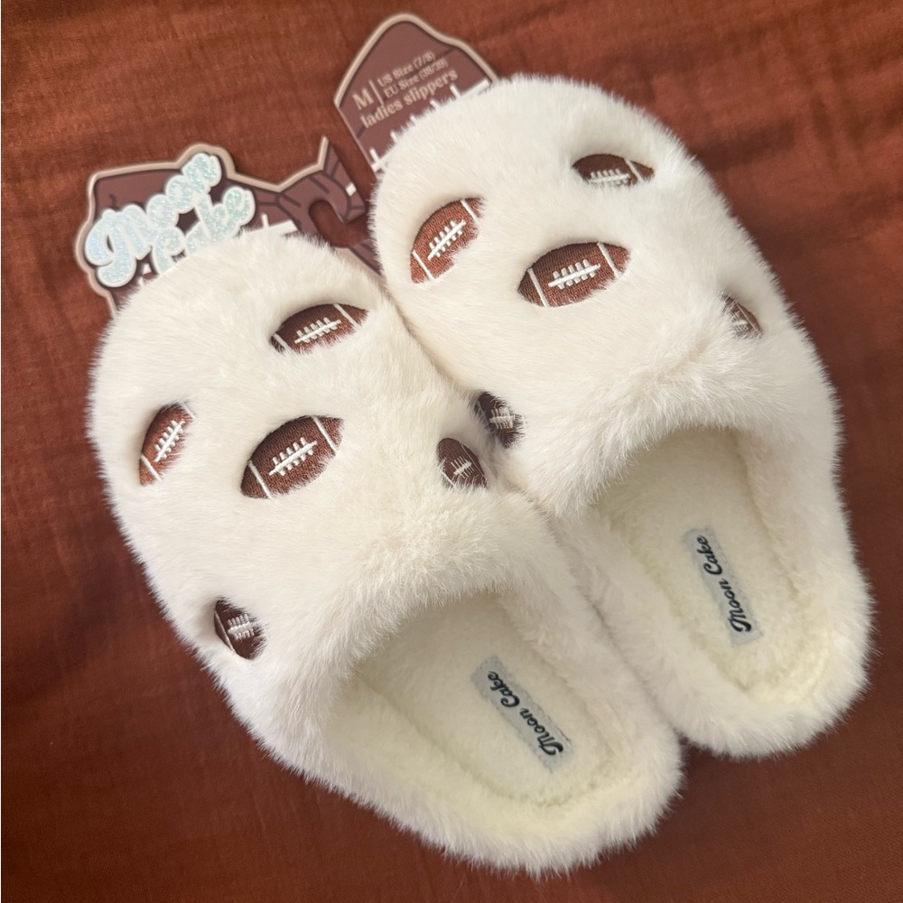 White Fluffy Slippers with Embroidered Footballs
